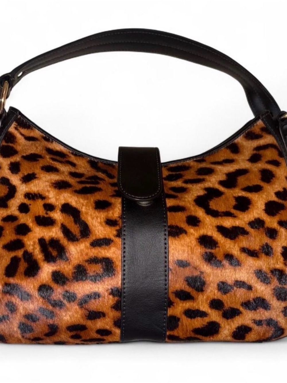 Talbots Leopard Haircalf Mini Hobo Shoulder Bag – Black Leather Trim – Y2K